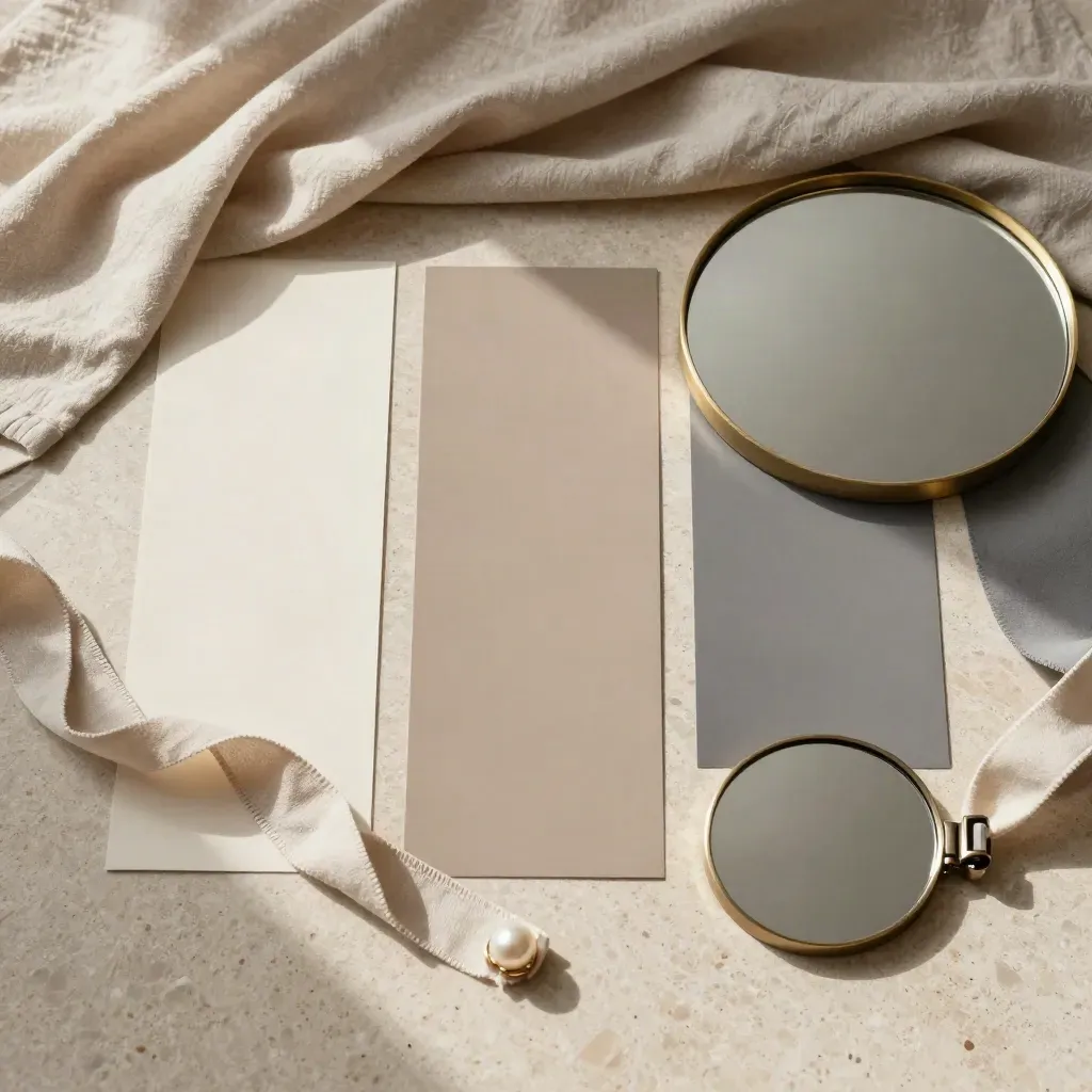 Neutral drapes, swatches, and a face-down mirror on travertine for colour analysis
