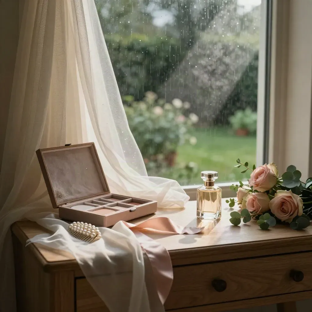 Bridal vanity with veil, makeup case, perfume and flowers in rainlit morning