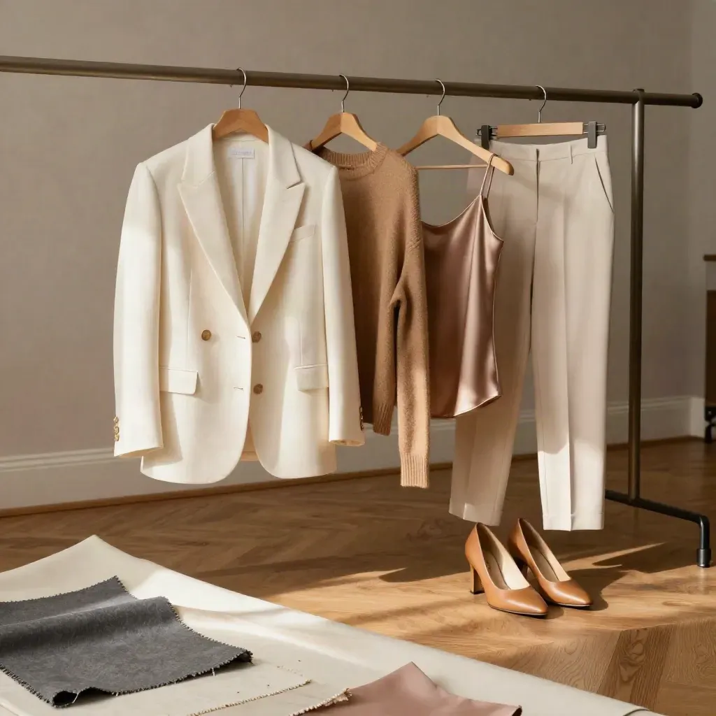 Capsule wardrobe rail with ivory blazer, camel knit, silk camisole and tan heels on warm oak