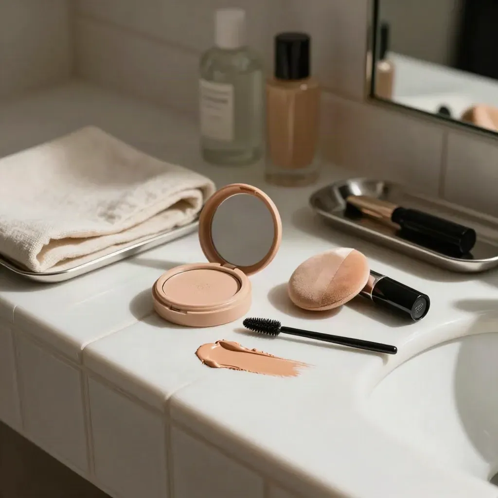 Open makeup station with foundation pans, blush, puff, mascara, and lip swatch on ivory tile.