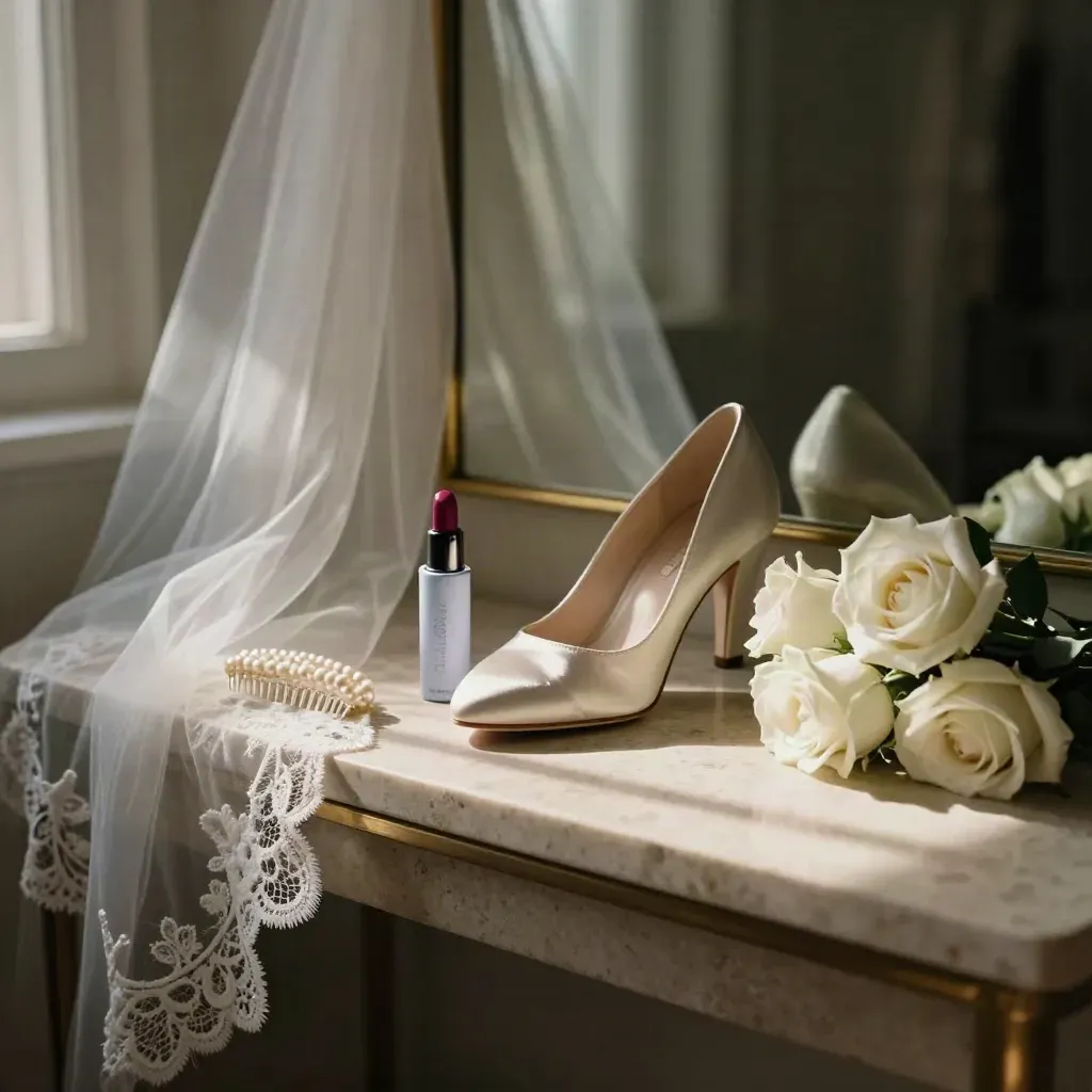 Bridal accessories and white roses styled on stone in a moody dressing room.