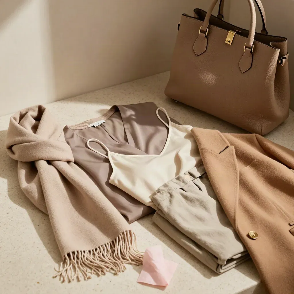 Top-down flat lay of neutral workwear, scarf and handbag on travertine in warm daylight.