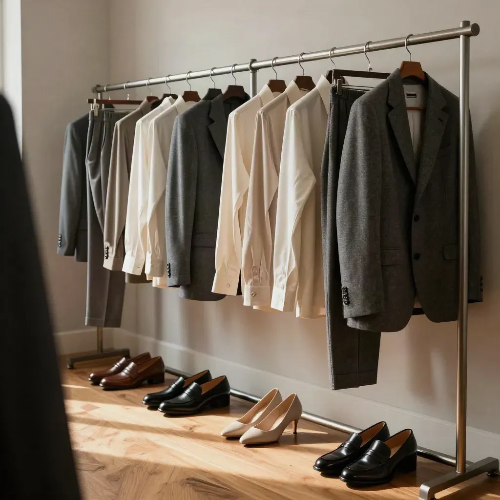 Edited interview outfits and polished shoes on a warm wood floor, with one blazer selected.