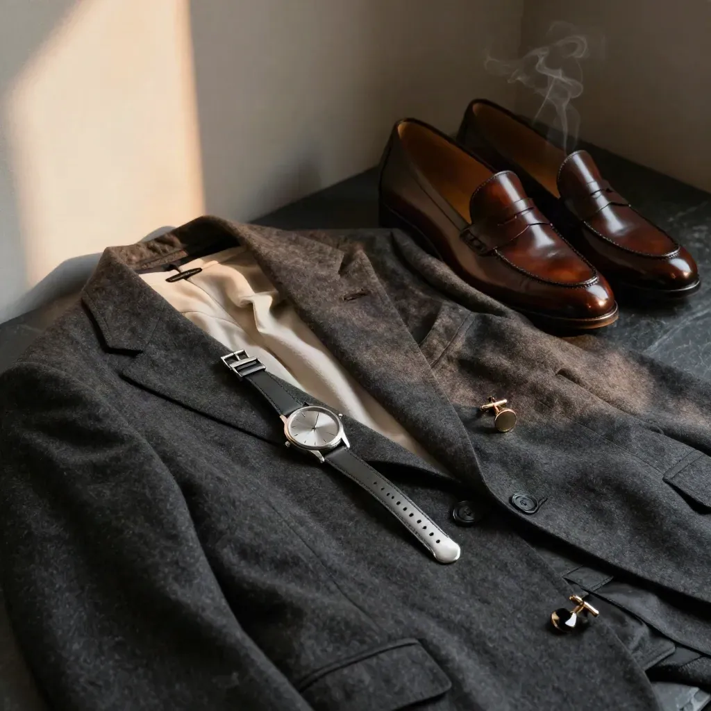 Blazer, watch, loafers and cufflinks arranged diagonally on dark stone