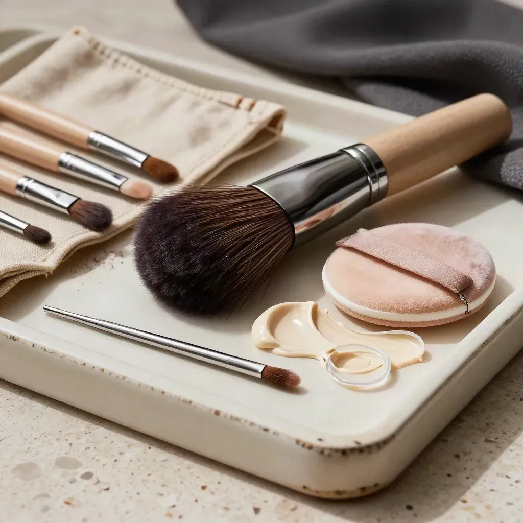 Macro still life of makeup brushes, palette, puff, spoolies, and metal clips on a worn ivory tray