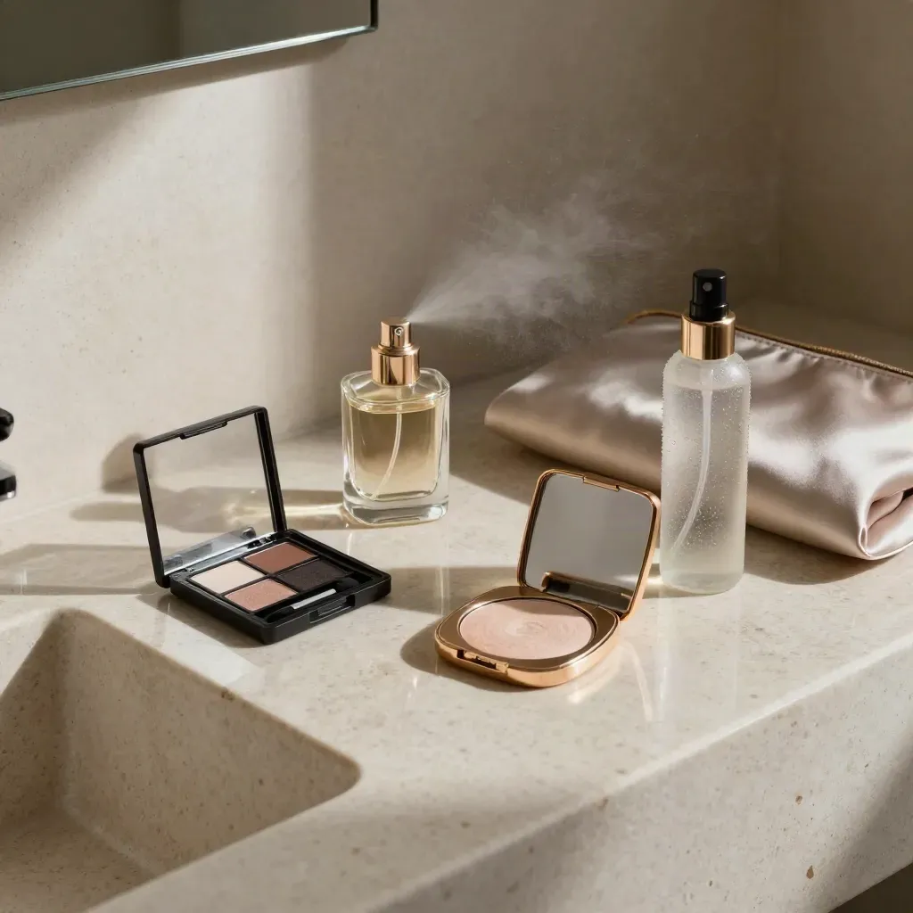 Glam kit with palette, highlighter, perfume atomiser and clutch on stone, mist hanging in air.