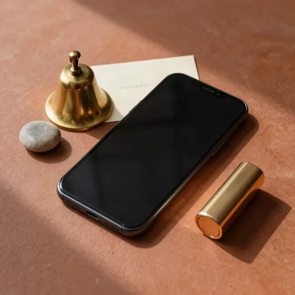 Overhead flatlay of a phone, brass bell, pebble, and lipstick cap on warm plaster.