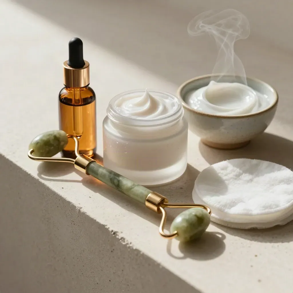 Amber serum bottle, frosted cream jar, jade roller and cotton pads on pale plaster.