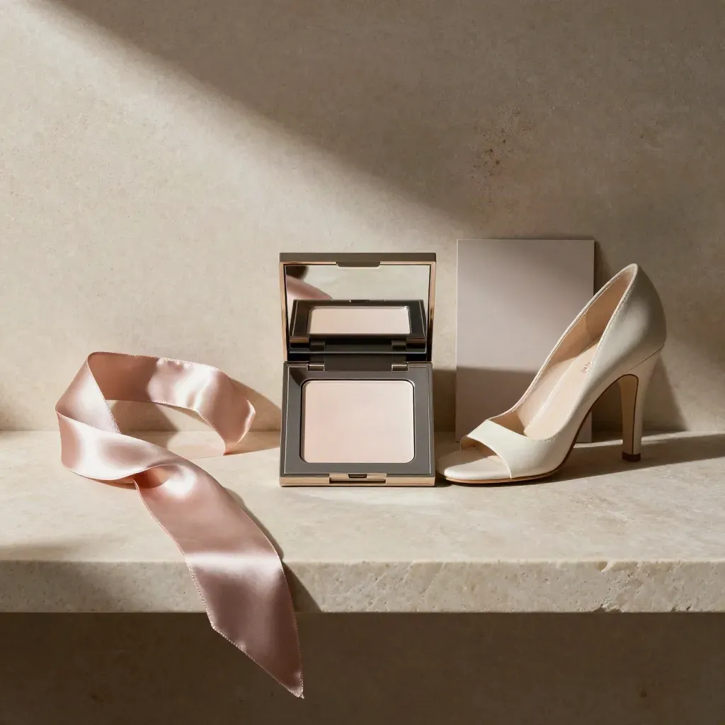 Overhead still life of styling tools: mirror compact, ribbon, heel, silk sample and shade card on stone.