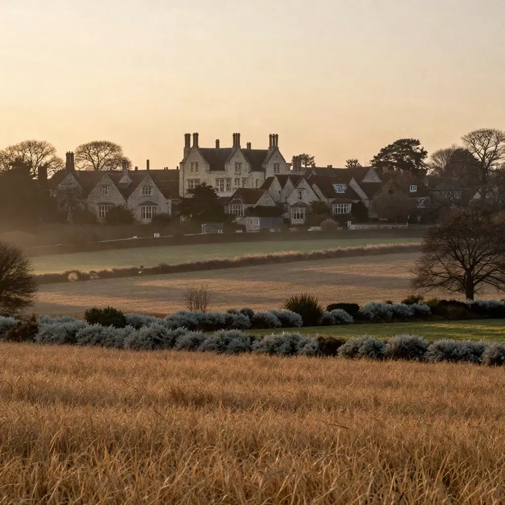 Sunlit Surrey chalk downs with manor roofs, misty hedgerows, and open pasture at sunset.